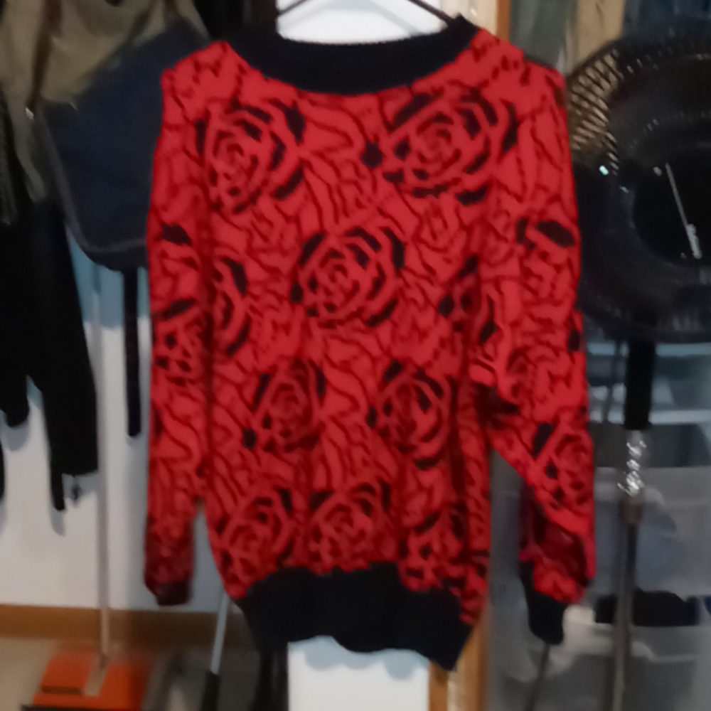 Vintage, red and black  rose knit sweater.